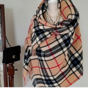 Elegant/Thick Tan, Blue, & Black Plaid Throw Blanket - Made In Great Britain!